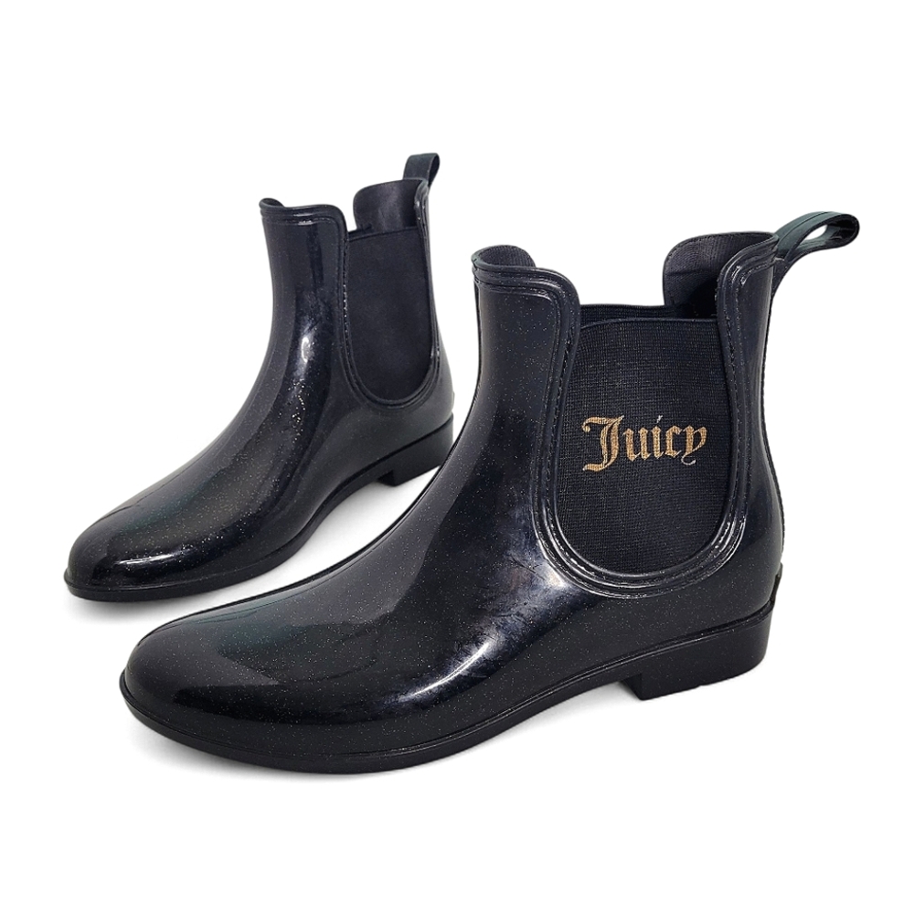 Juicy Couture Black Rain Boots Women's Size 9 Pull On Ankle Booties Waterproof